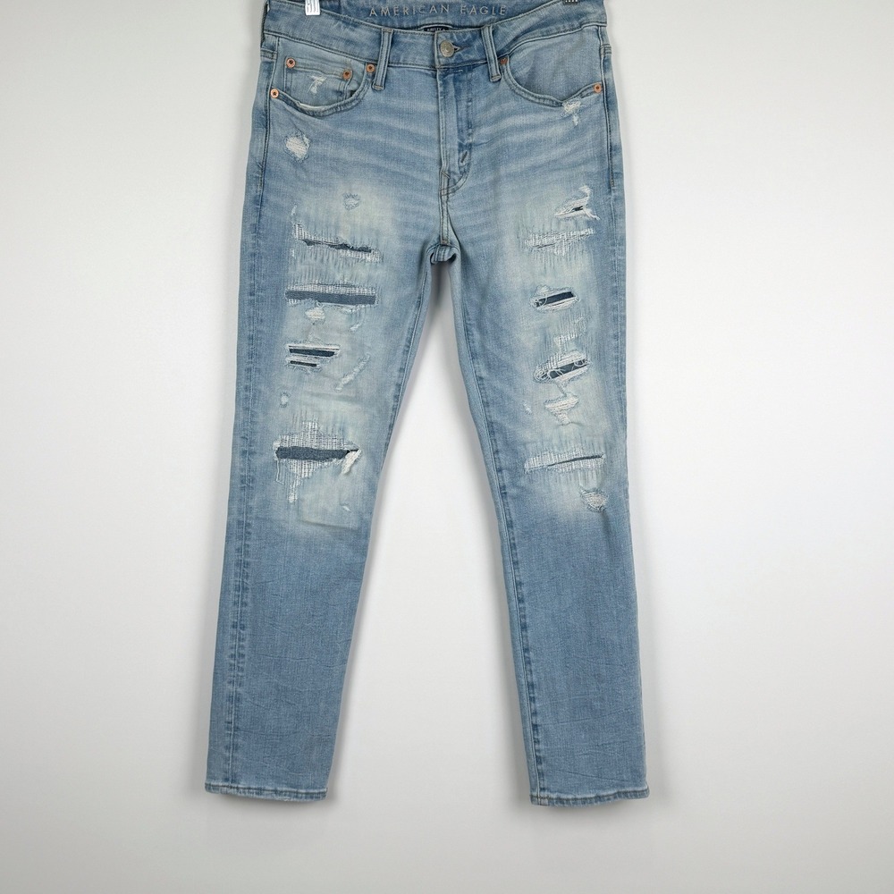 American Eagle Slim Jeans Mens 30x30 Light Blue Airflex+ Distressed Ripped